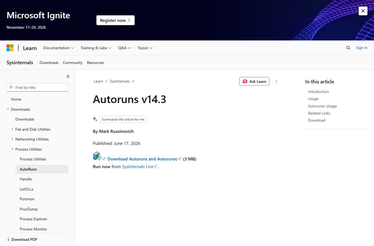 Sysinternals Autoruns download page on Microsoft Learn
