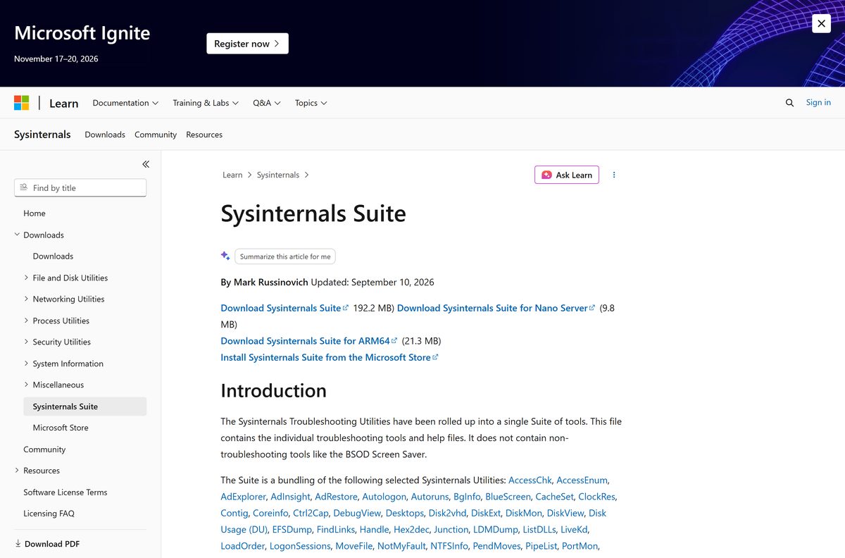 Sysinternals Suite download page with ZIP and Store options