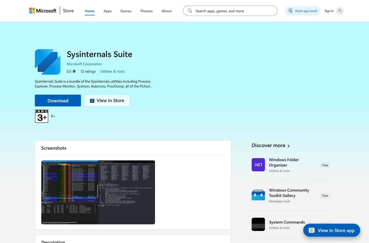 Microsoft Store listing for Sysinternals Suite with its publisher and price