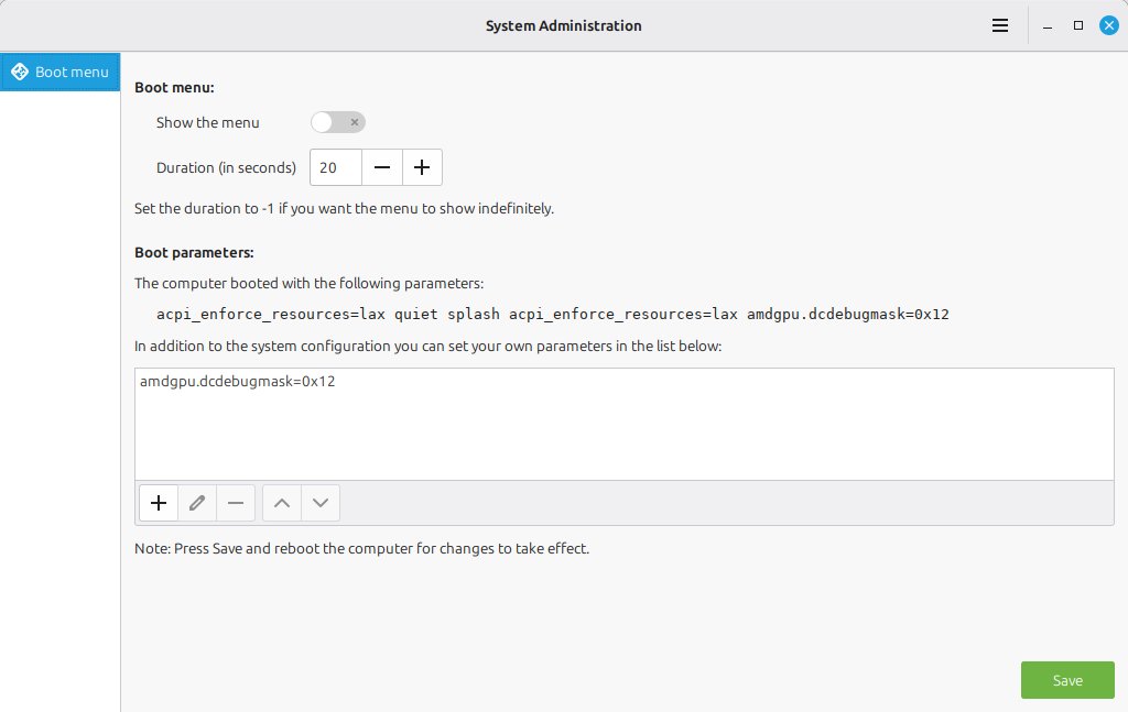 System Administration Boot menu page with show-menu switch and duration setting