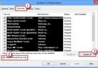 System Configuration Services tab with Hide all Microsoft services checked and Disable all button
