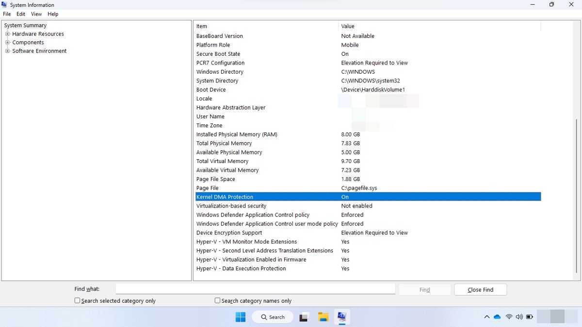 System Information summary with Kernel DMA Protection set to On
