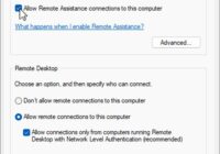 System Properties Remote tab with Allow Remote Assistance connections ticked