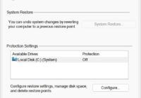 System Properties System Protection tab listing drive C with protection turned off