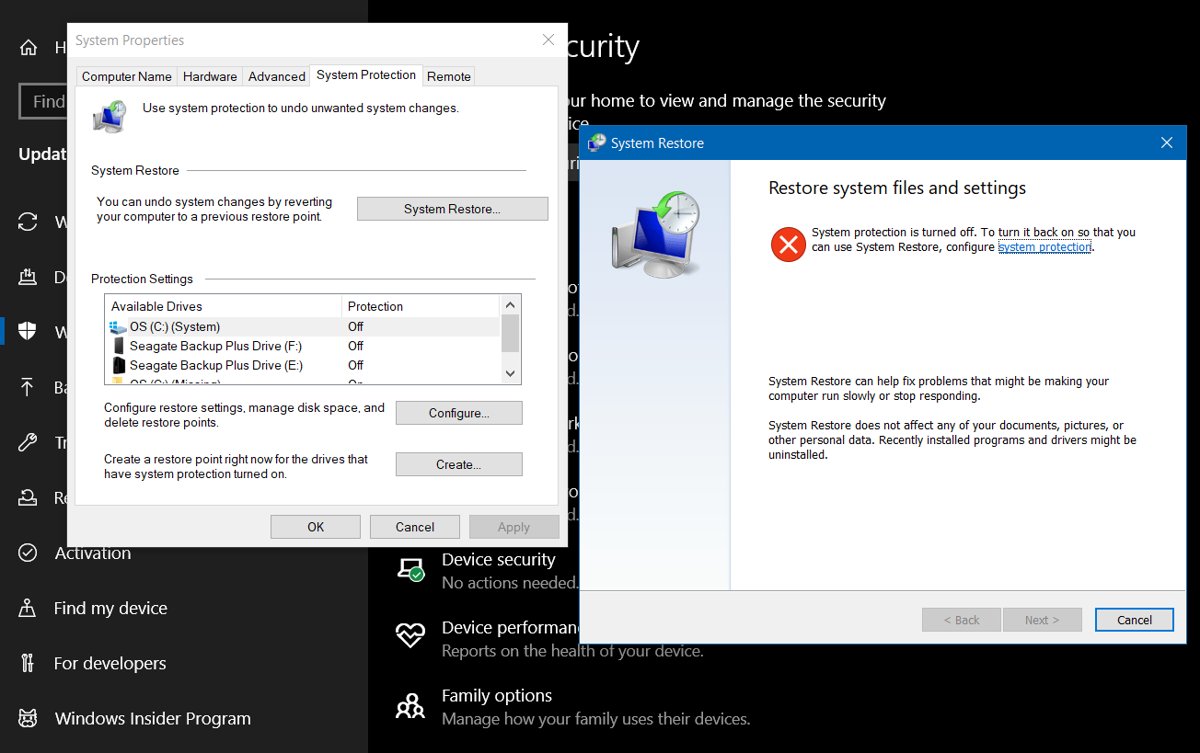 System Restore prerequisites: system protection turned off on the Windows 10 drive