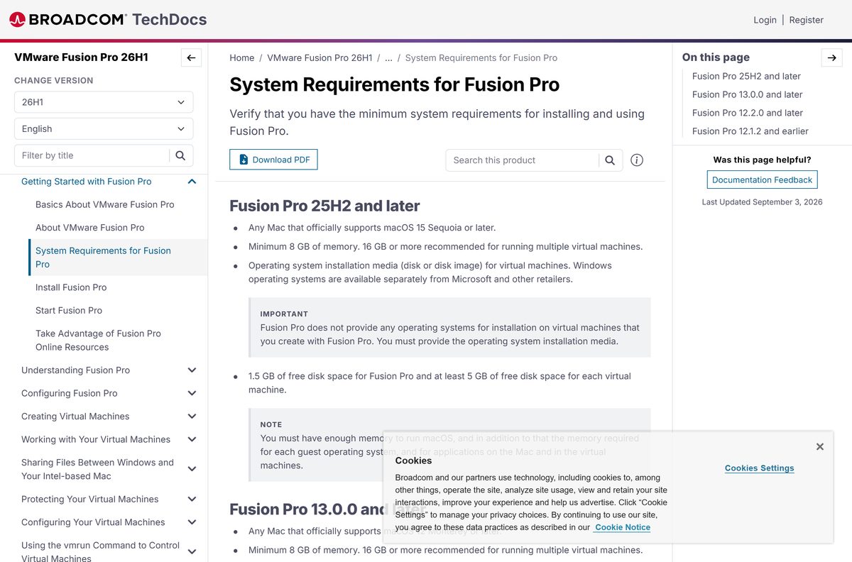 Broadcom page listing Mac requirements for VMware Fusion Pro