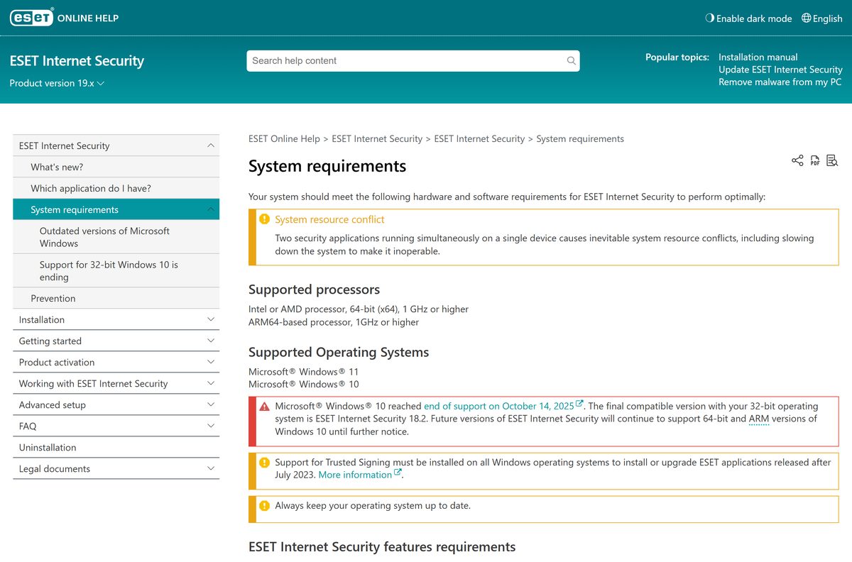 ESET Internet Security system requirements with processor and operating system rows