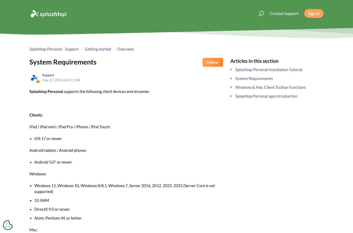 Splashtop support article listing Streamer system requirements