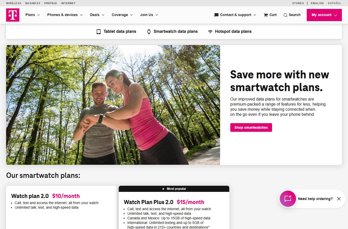 T-Mobile smartwatch plans page listing Watch Plan 2.0 and Watch Plan Plus 2.0