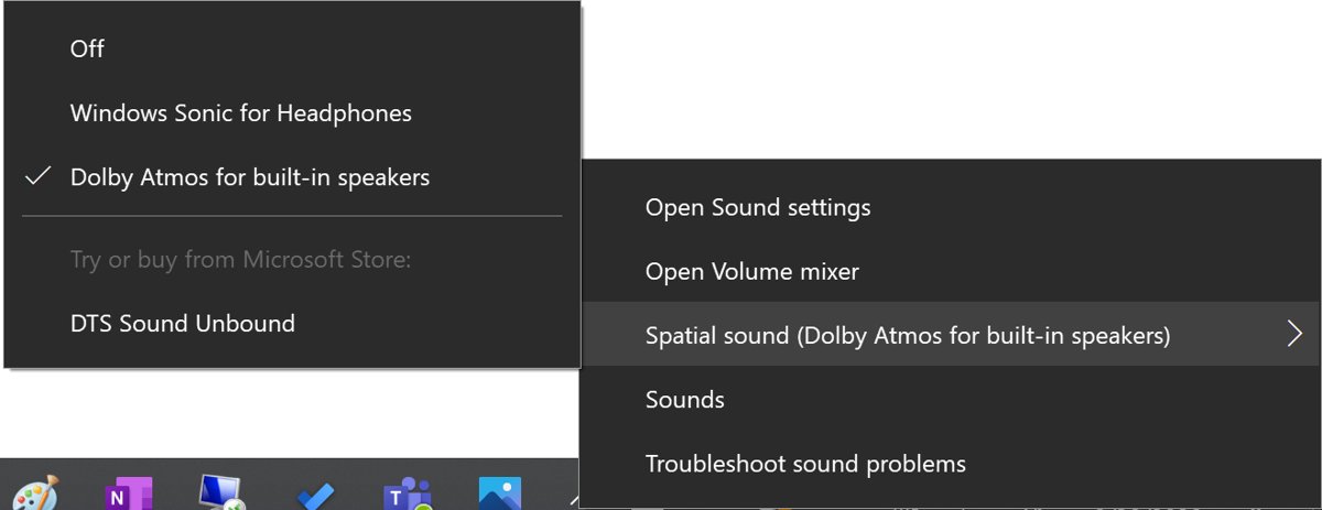 Taskbar volume menu listing Windows Sonic, Dolby Atmos and DTS Sound Unbound
