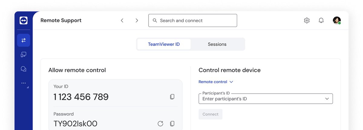 TeamViewer Remote Support screen with Your ID, password and participant ID field