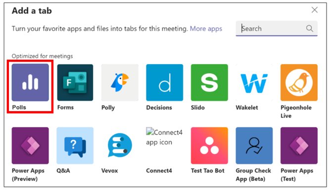 Teams Add a tab dialog with the Polls app highlighted