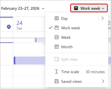 Teams Calendar view menu with Day, Work week, Week, Month and Time scale
