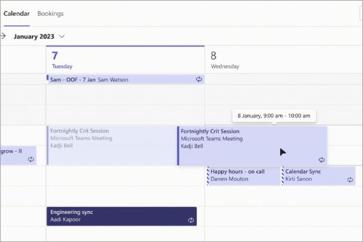 Teams Calendar week grid showing events with a time tooltip on hover