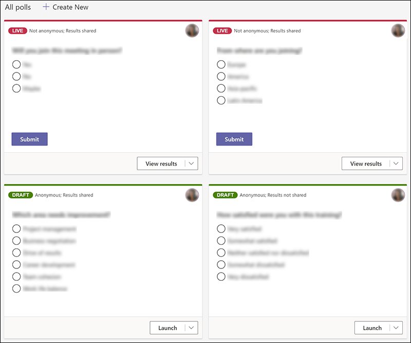 Teams Polls list showing live and draft polls with Launch buttons