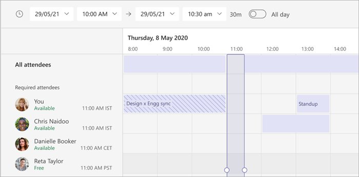 Teams Scheduler grid showing attendees' busy slots beside a proposed meeting time