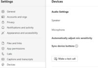 Teams Settings Devices page with Make a test call under Audio Settings