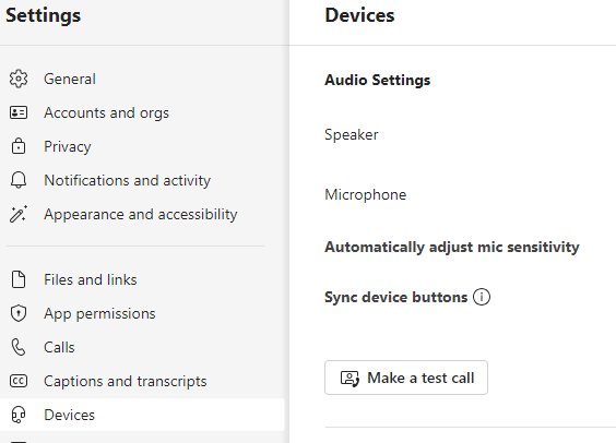 Teams Settings Devices page with Make a test call under Audio Settings