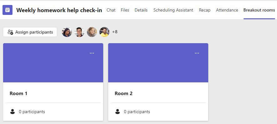 Teams meeting Breakout rooms tab showing Room 1 and Room 2