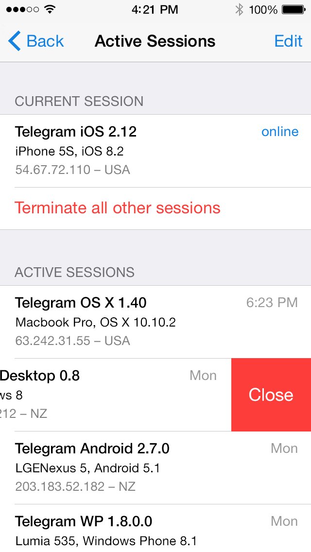 Telegram Active Sessions list with a Close button on one session