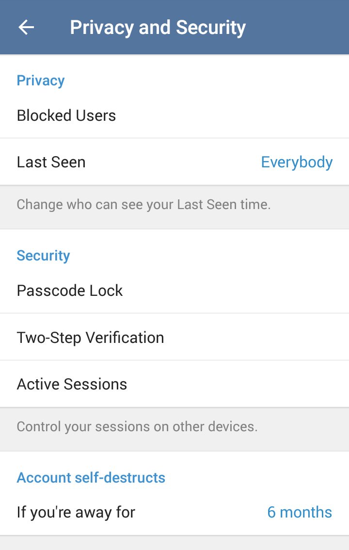 Telegram Privacy and Security screen with the Account self-destructs option