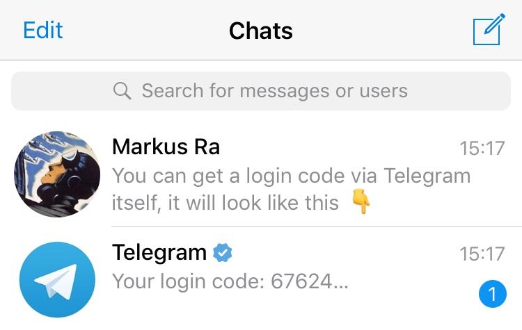 Telegram chat list with a login code from the verified Telegram profile