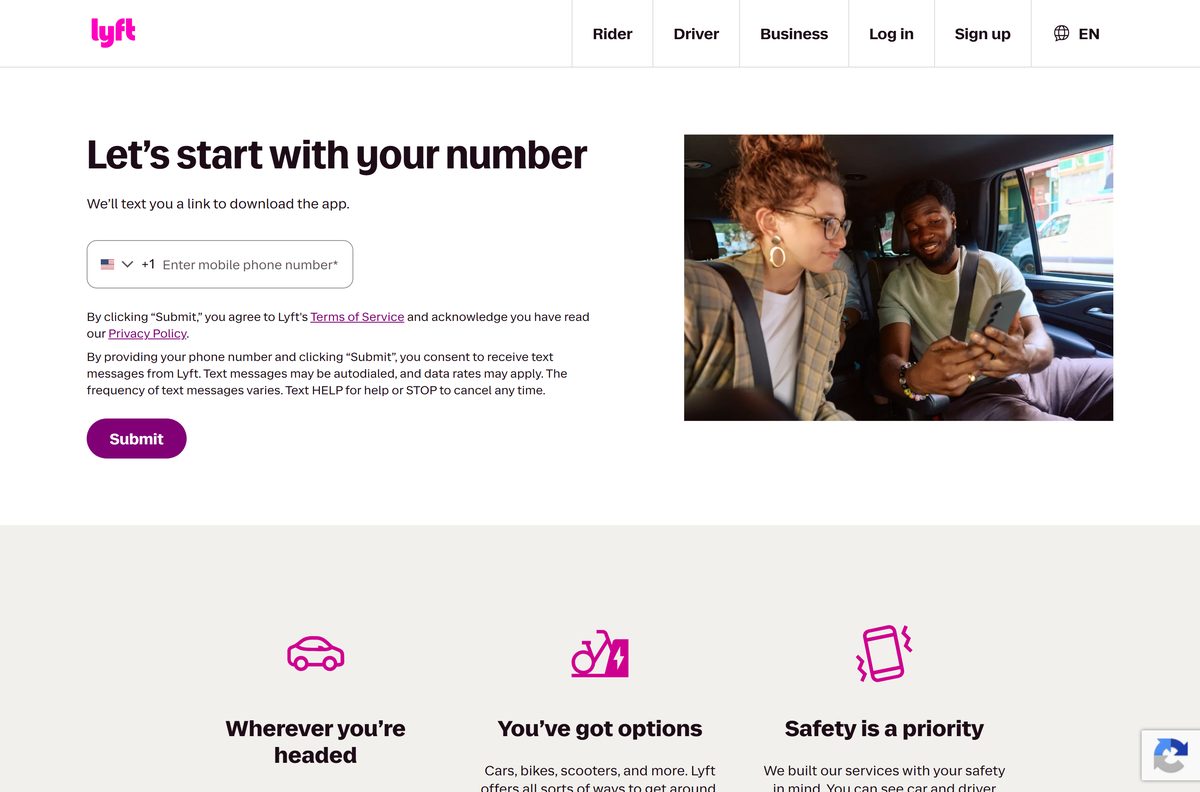 Lyft page that texts a download link to your phone number