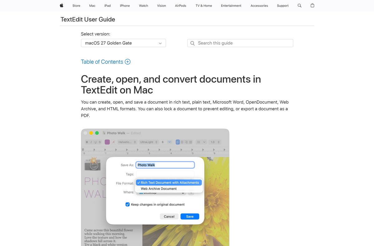 Apple guide to creating and converting documents in TextEdit