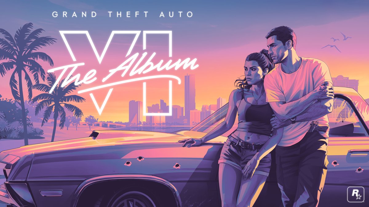 The Album cover art with two leads leaning on a car