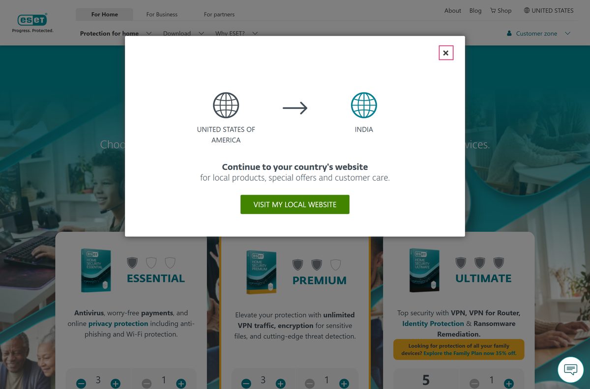 ESET consumer plans page showing the Essential, Premium and Ultimate tiers