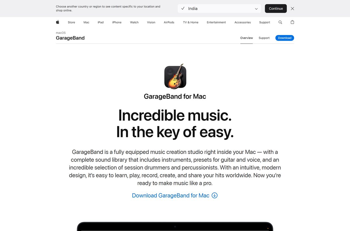 Apple product page for GarageBand showing the music studio interface