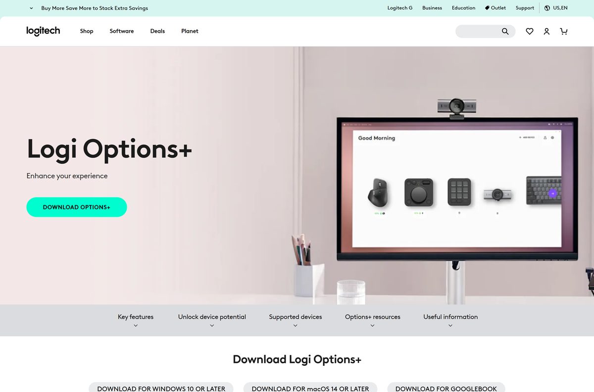 Logitech page with download buttons for the Options Plus app