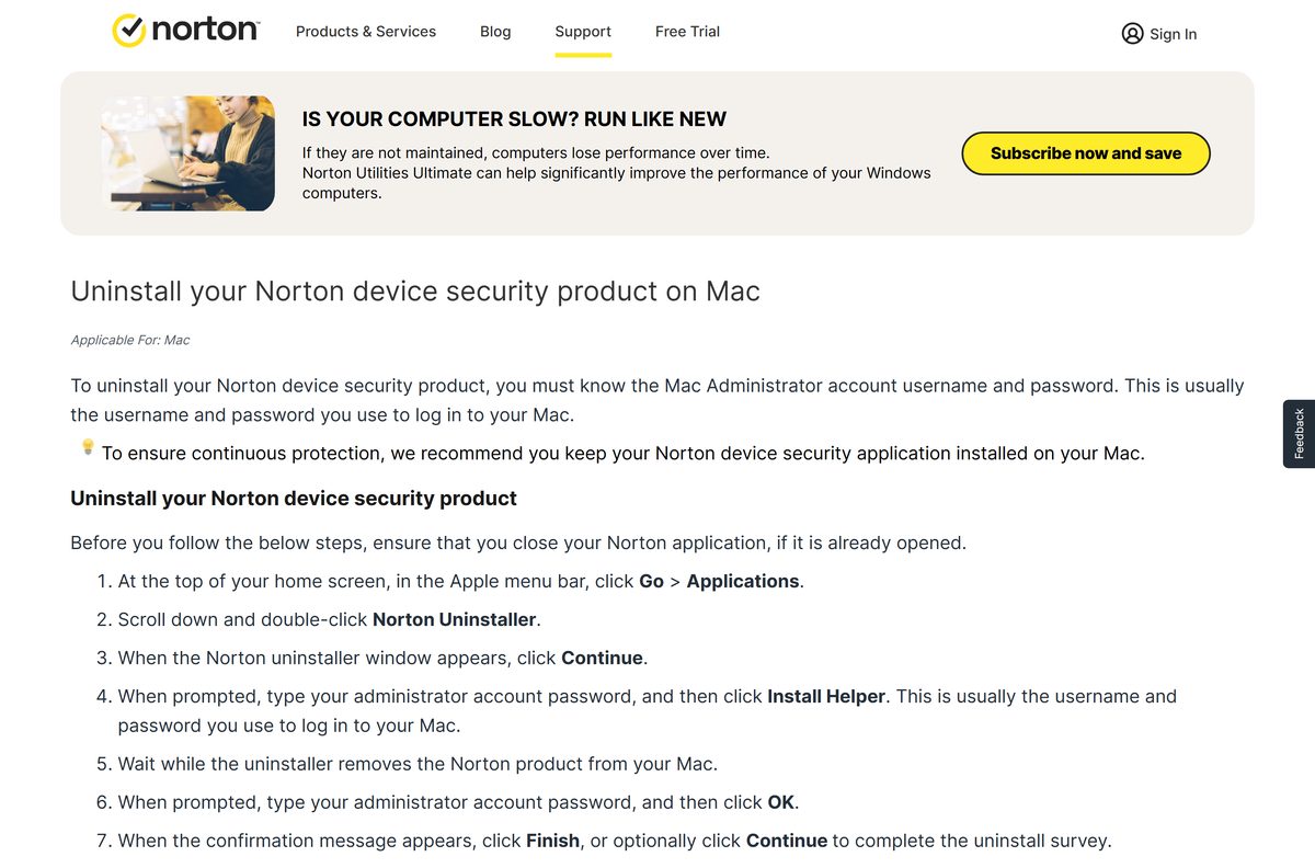 Support page with the Go to Applications route for the Norton uninstaller on Mac