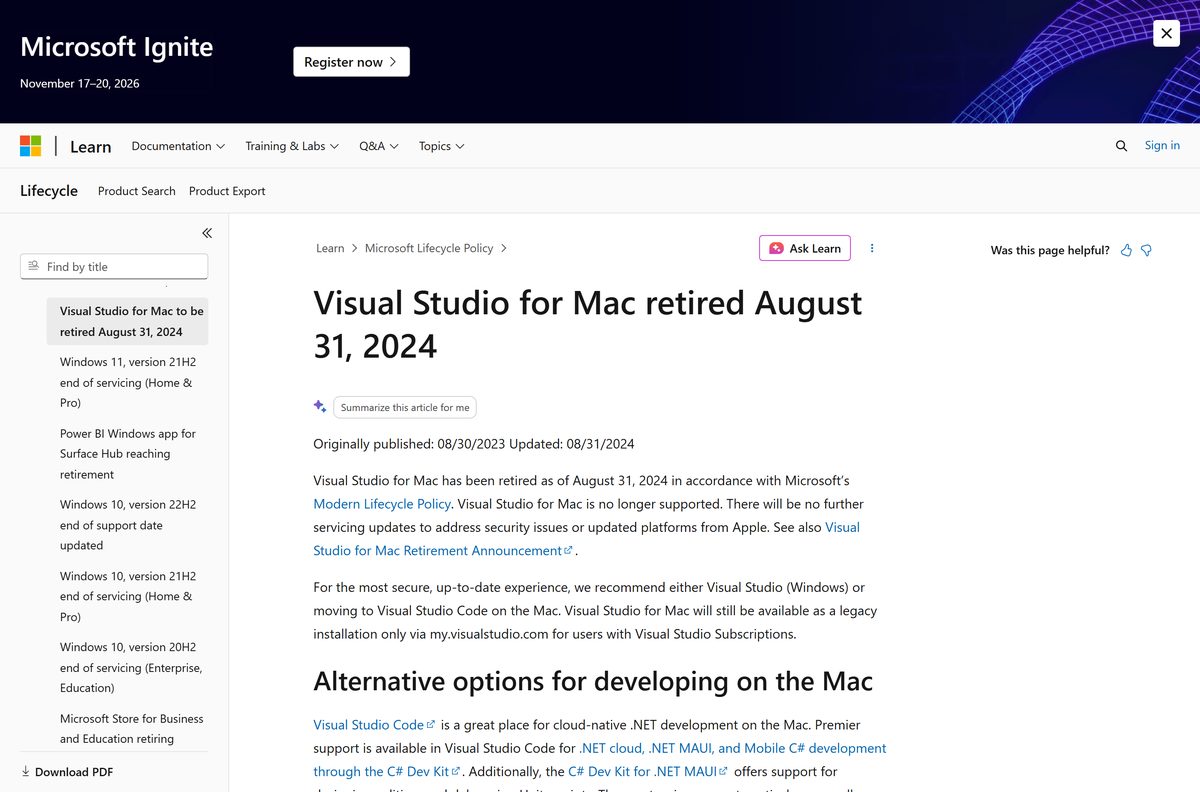 Microsoft Lifecycle notice confirming the Mac IDE was retired in August 2024