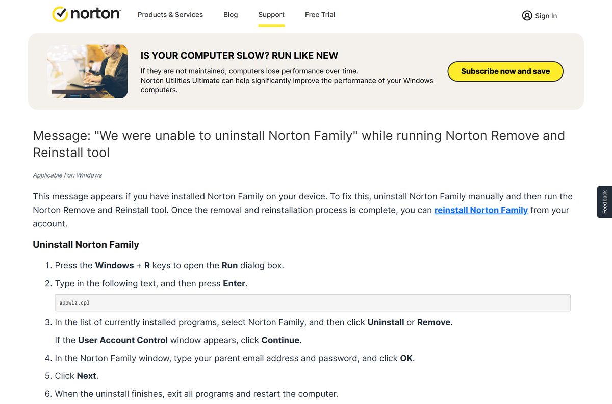 Support page explaining why the removal tool stops at Norton Family