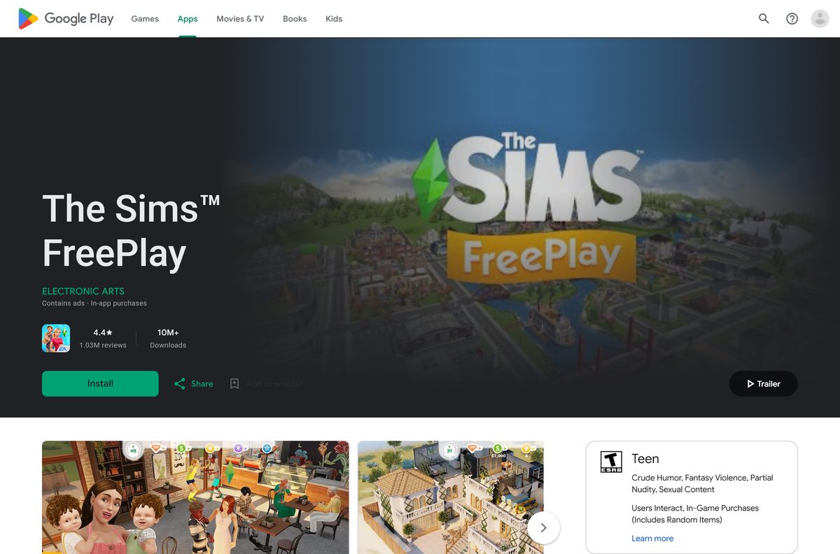 Google Play listing for The Sims FreePlay with reviews and downloads