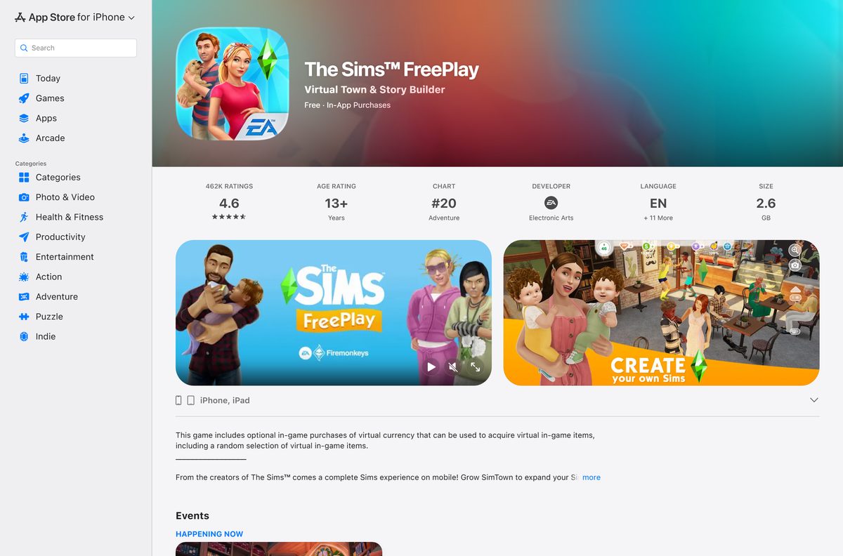 App Store page for The Sims FreePlay with its rating and size
