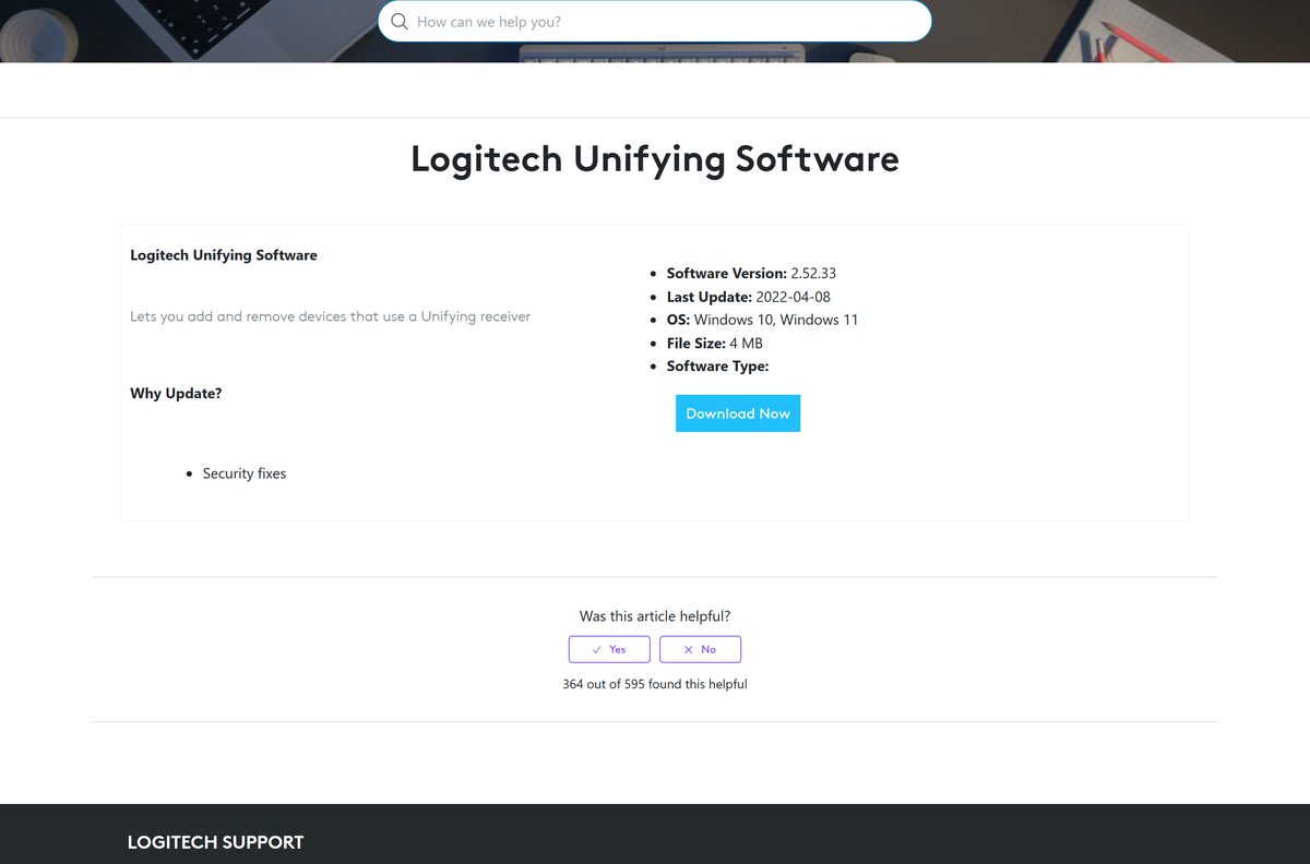 Logitech support page showing the Unifying download with version and size