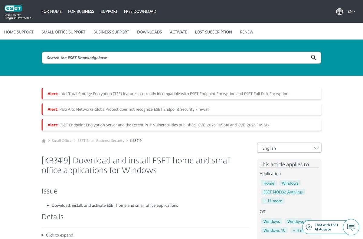 ESET install article showing the activation key, purchase and trial options