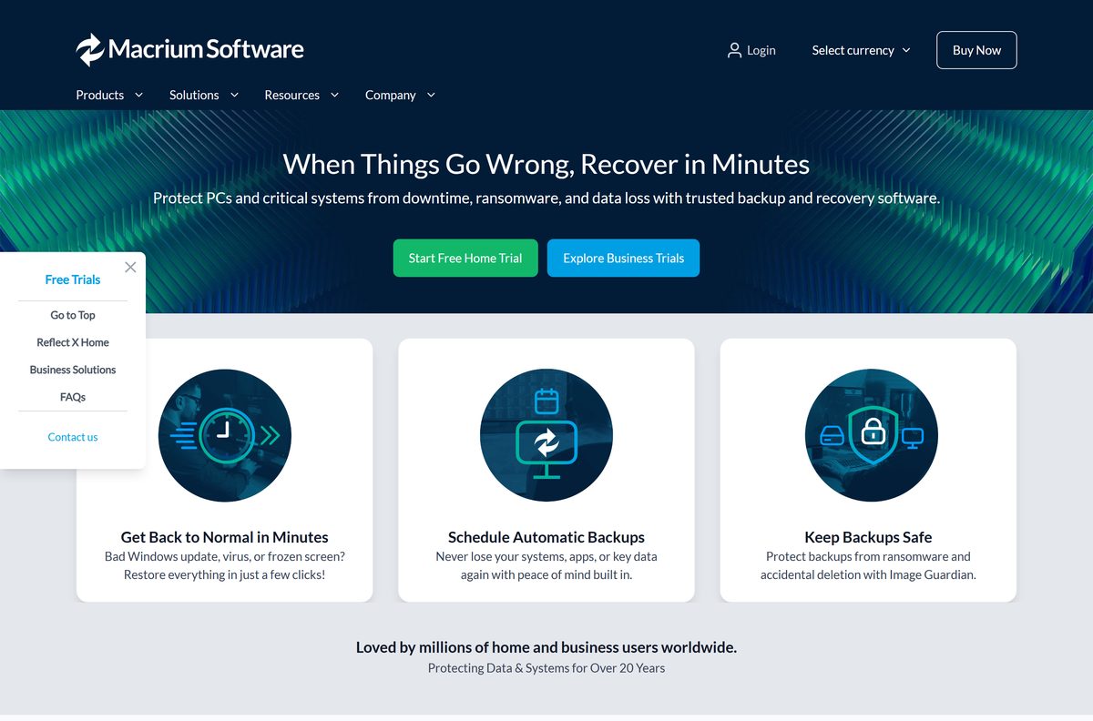 Macrium Reflect trial page with home and business trial buttons