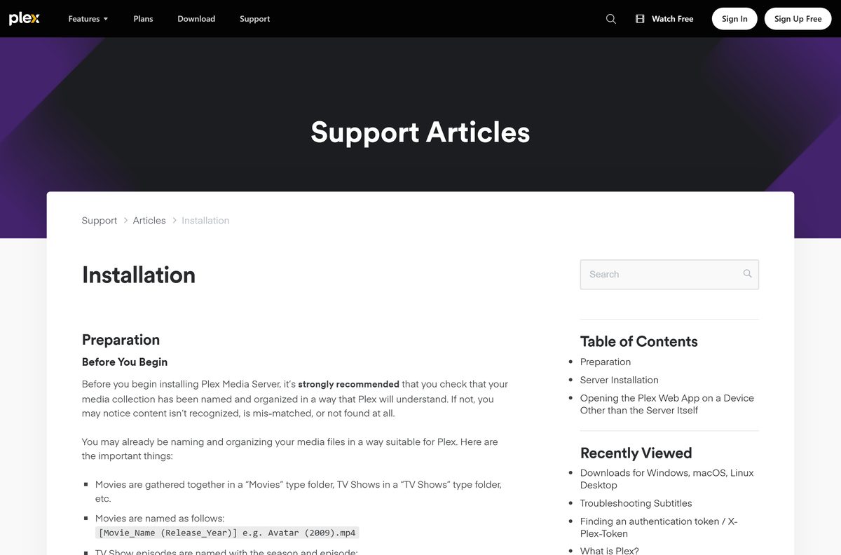 Plex support page showing the Windows installer steps and default install path