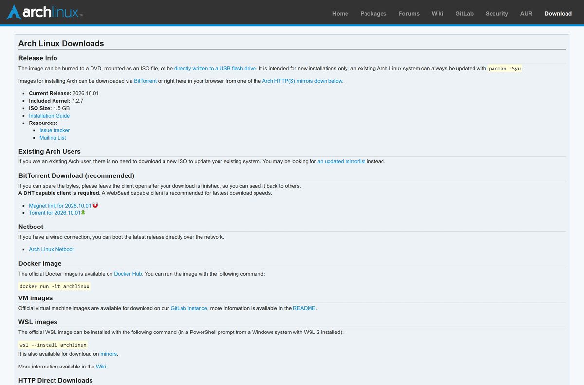 Official Arch Linux download page with release info and torrent links