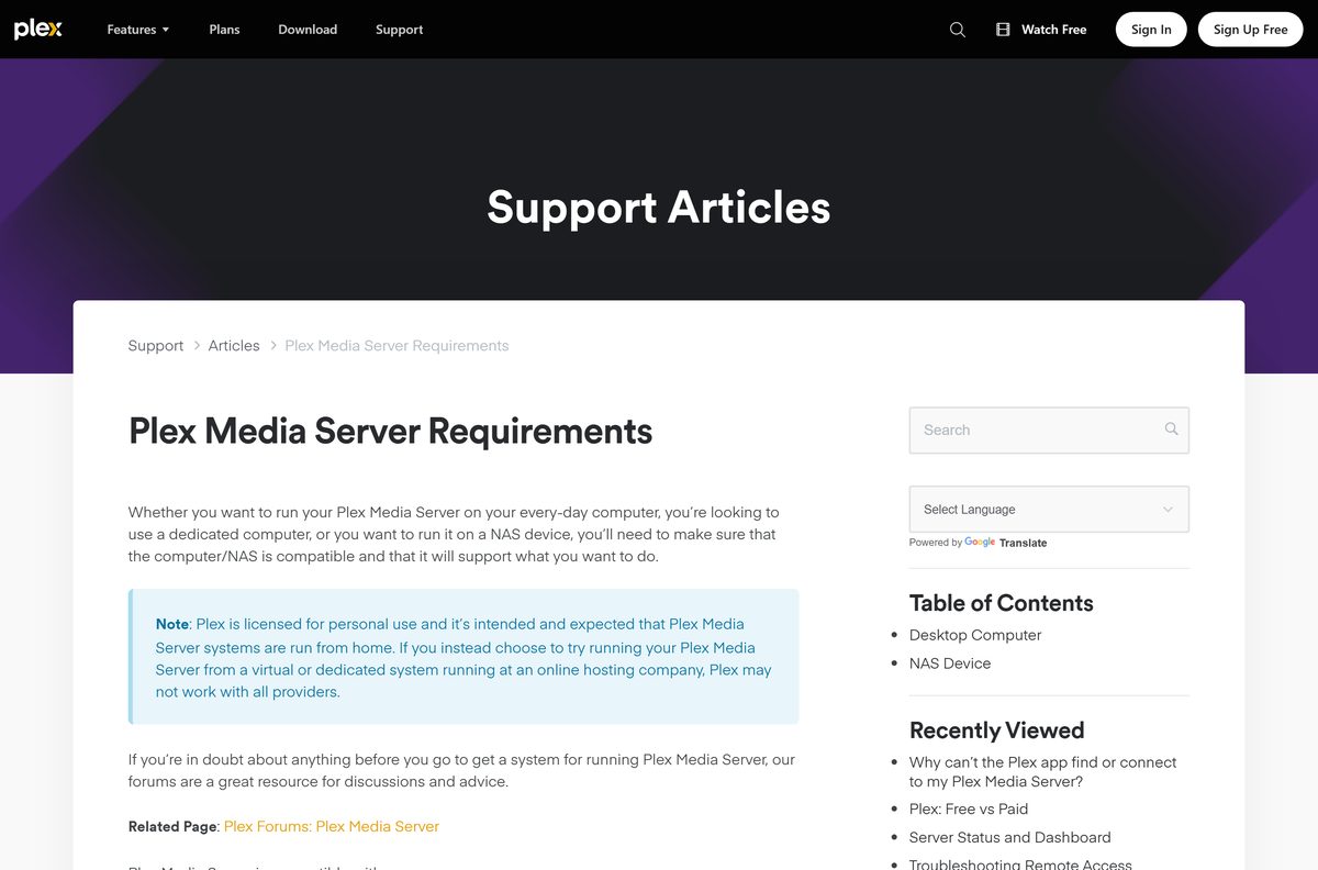 Plex requirements page listing supported Windows releases and the macOS floor