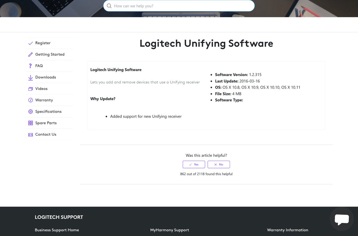 Logitech listing for the macOS pairing app with no download button