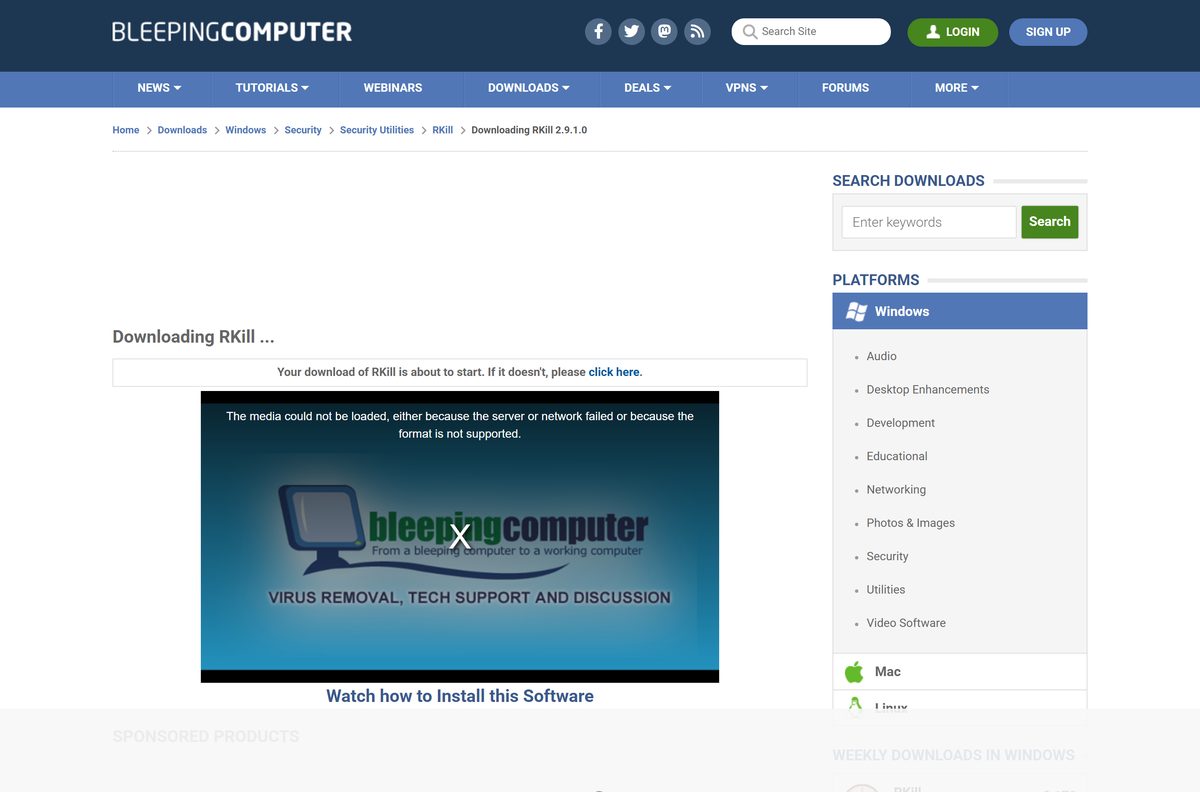 BleepingComputer page serving the unsigned build of the process killer