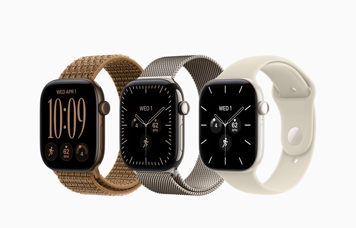 Three Apple Watch Series 12 models with different cases and bands