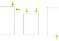 Three iPad outlines with green arrows marking the buttons to press for a screenshot