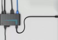 Thunderbolt dock connected to a laptop with one Thunderbolt cable