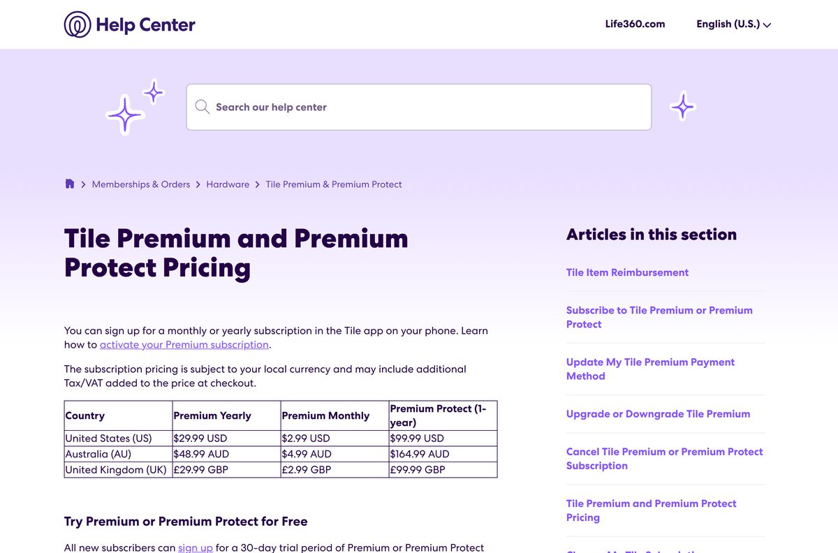 Support page listing Tile Premium prices by country