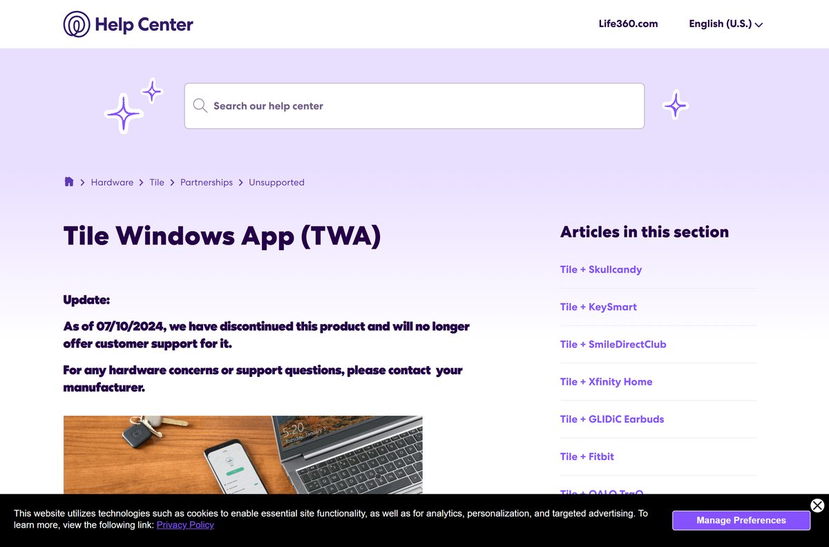 Support notice that the Tile Windows App is discontinued